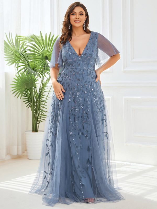 Sequin Embellished Deep V-Neck Plus Size Evening Dress - Image 8