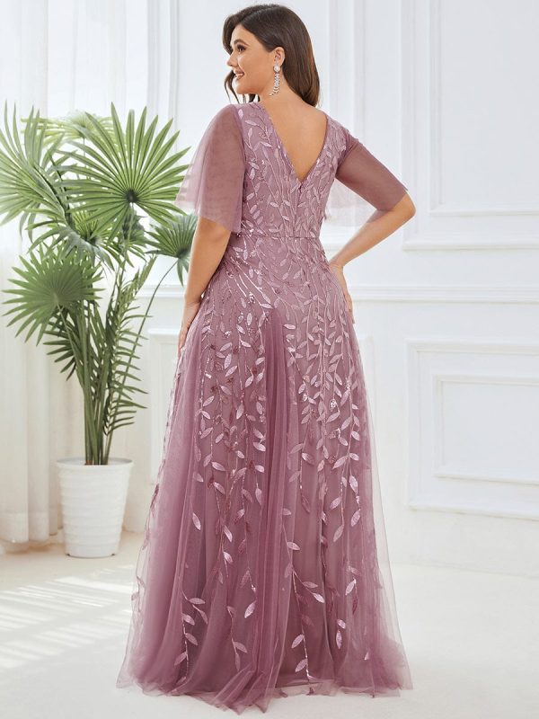 Sequin Embellished Deep V-Neck Plus Size Evening Dress - Image 3