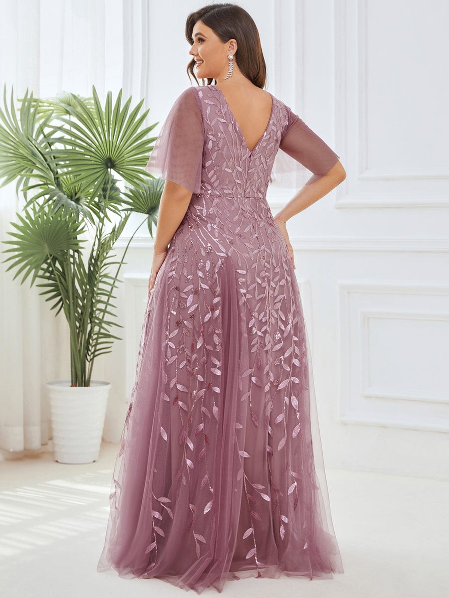 Sequin Embellished Deep V-Neck Plus Size Evening Dress - Image 3