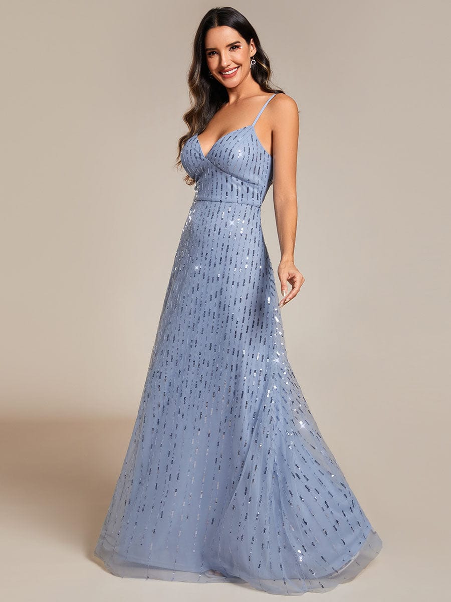 Sequin Embellished V-Neck Tulle Bridesmaid Gown with Spaghetti Straps - Image 3