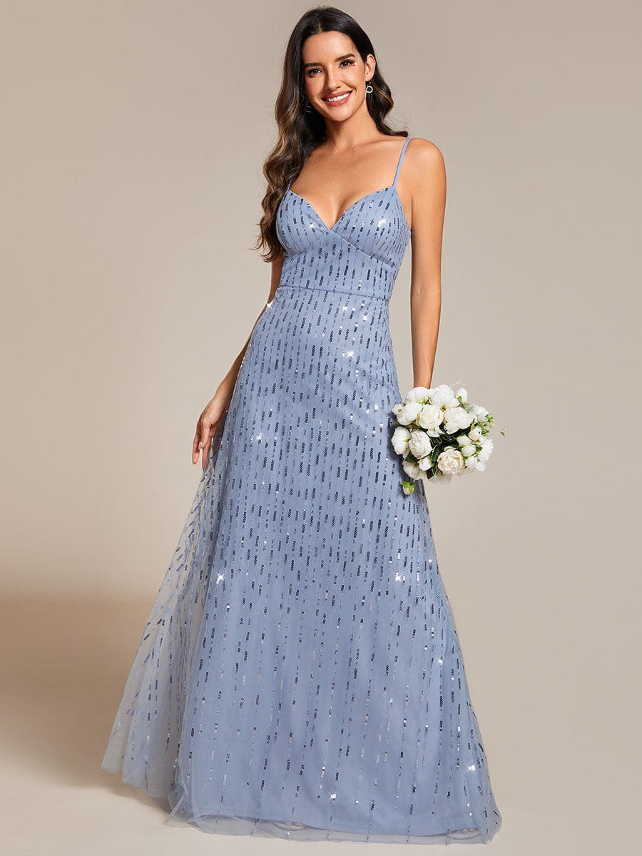 Sequin Embellished V-Neck Tulle Bridesmaid Gown with Spaghetti Straps - Image 5