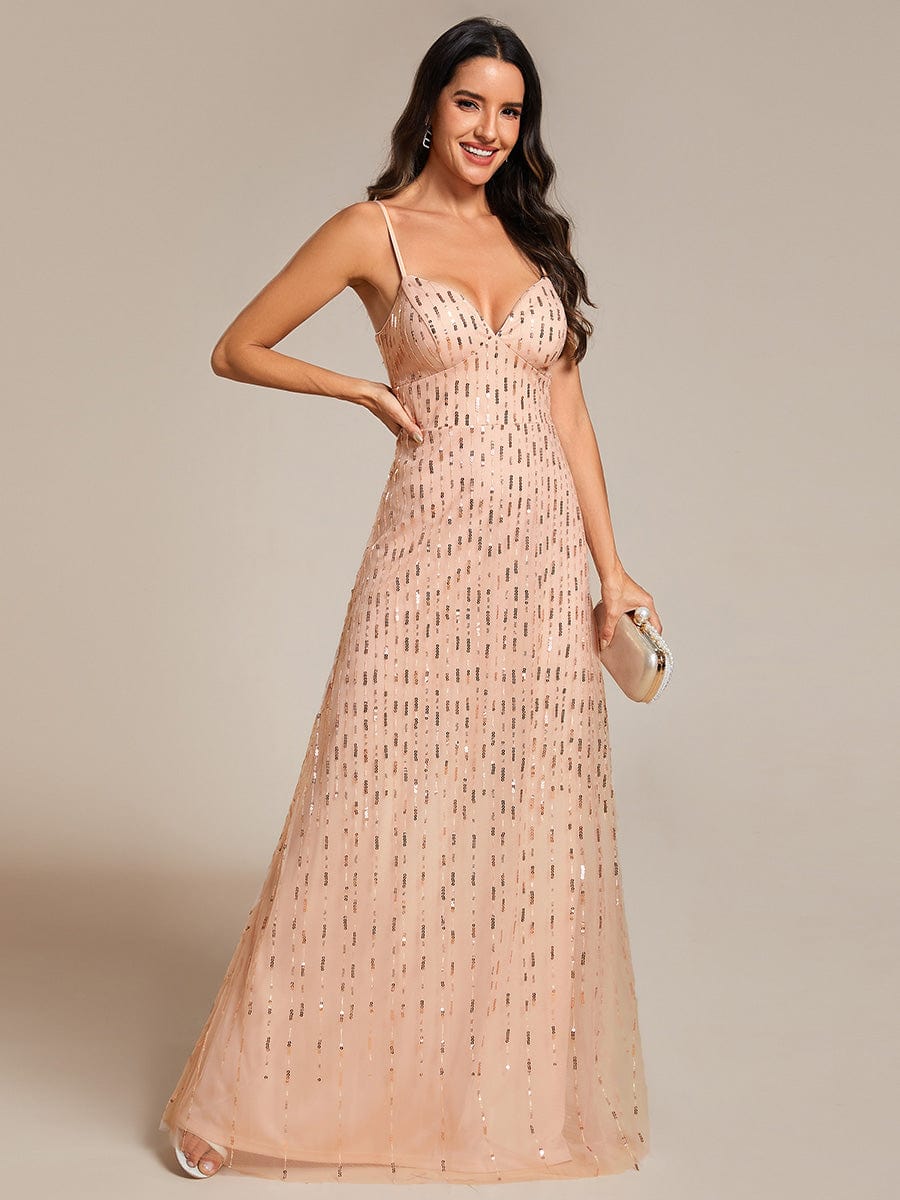 Sequin Embellished V-Neck Tulle Bridesmaid Gown with Spaghetti Straps - Image 9
