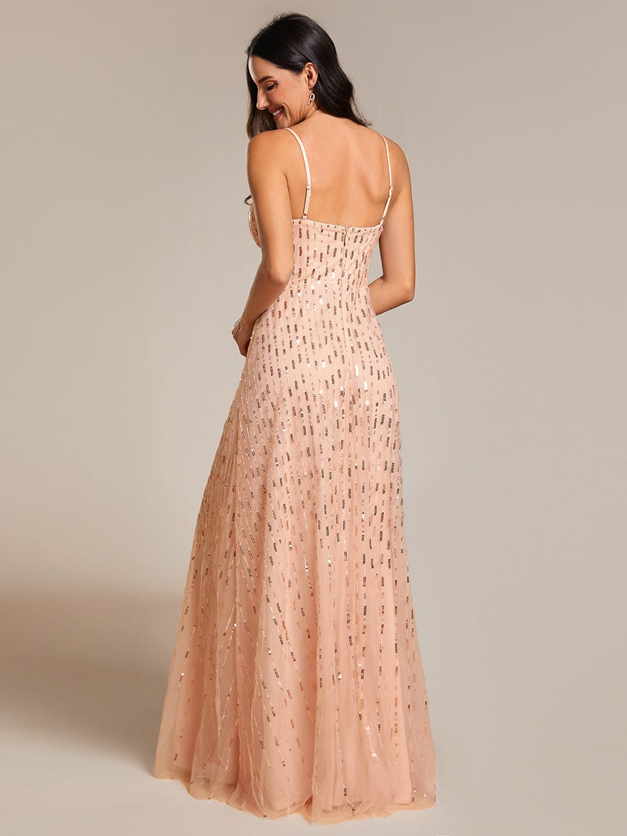 Sequin Embellished V-Neck Tulle Bridesmaid Gown with Spaghetti Straps - Image 8
