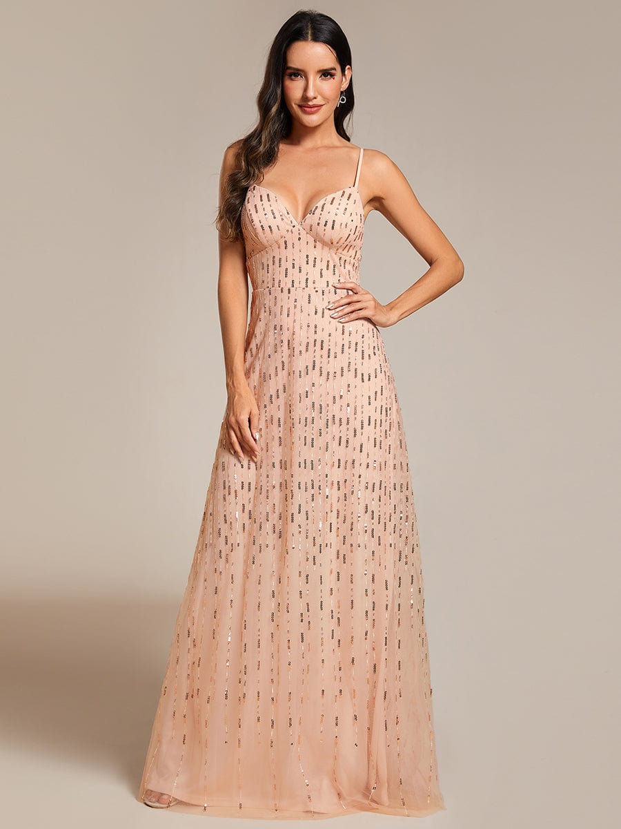 Sequin Embellished V-Neck Tulle Bridesmaid Gown with Spaghetti Straps - Image 10