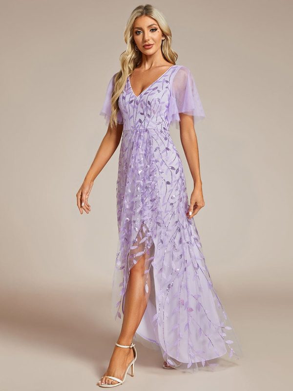 Sparkling Mesh High-Low V-Neck Midi Evening Gown With Short Sleeves - Image 4