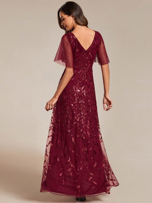 Sparkling Mesh High-Low V-Neck Midi Evening Gown With Short Sleeves - Image 13