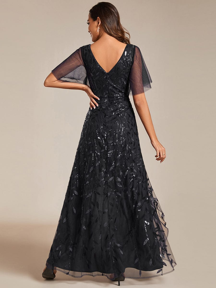 Sparkling Mesh High-Low V-Neck Midi Evening Gown With Short Sleeves - Image 17