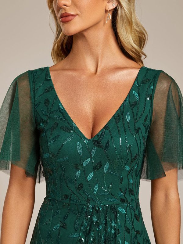 Sparkling Mesh High-Low V-Neck Midi Evening Gown With Short Sleeves - Image 28