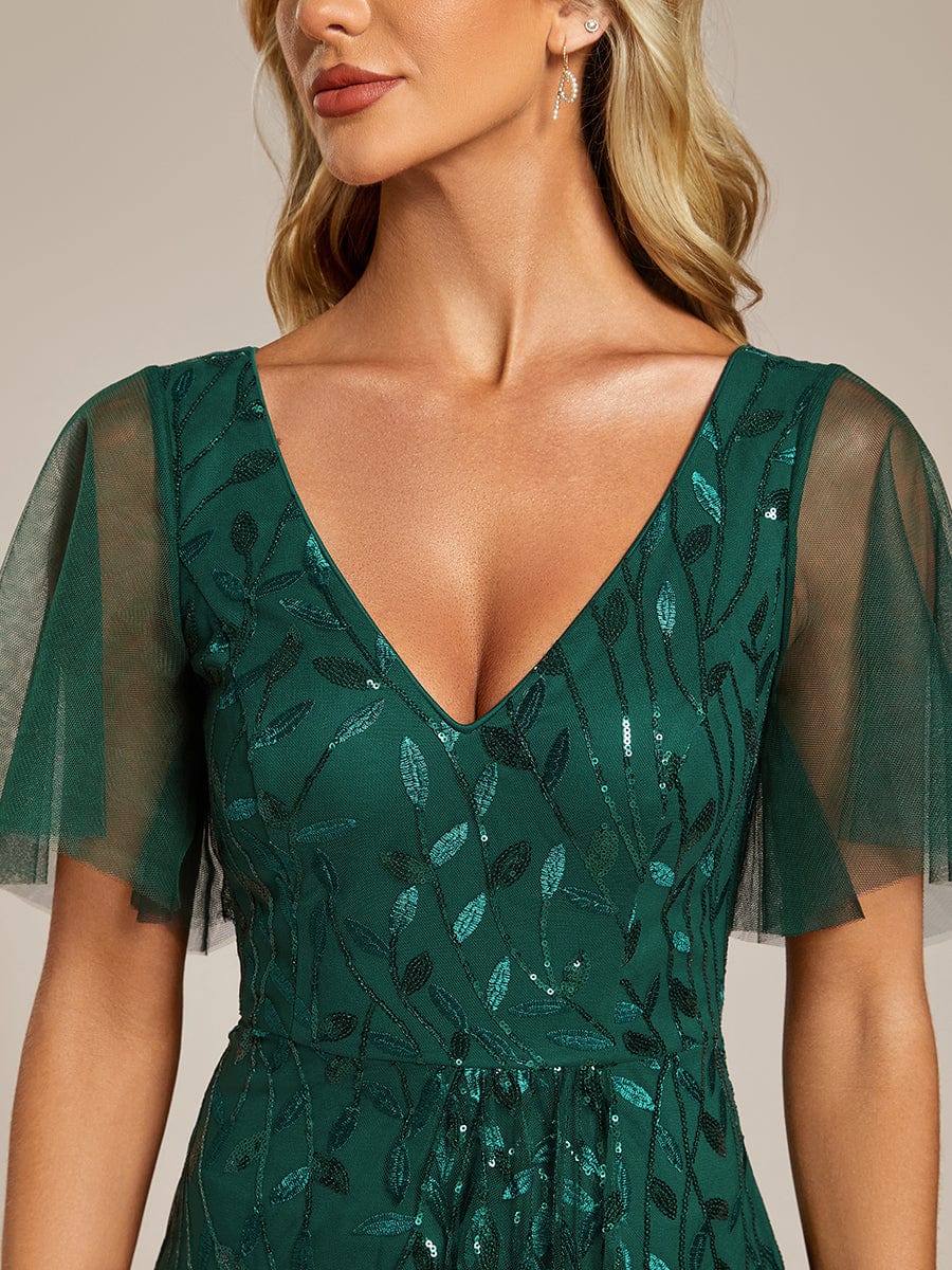 Sparkling Mesh High-Low V-Neck Midi Evening Gown With Short Sleeves - Image 28