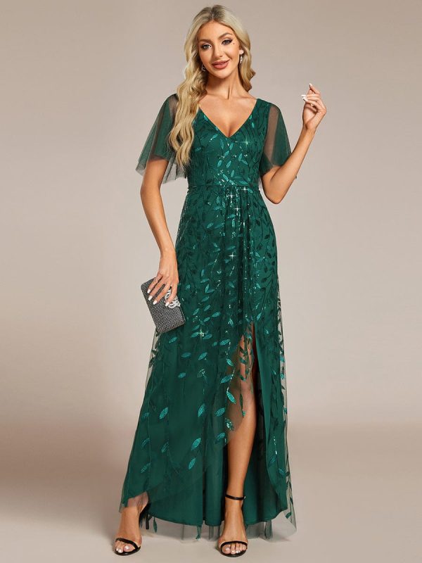 Sparkling Mesh High-Low V-Neck Midi Evening Gown With Short Sleeves - Image 30