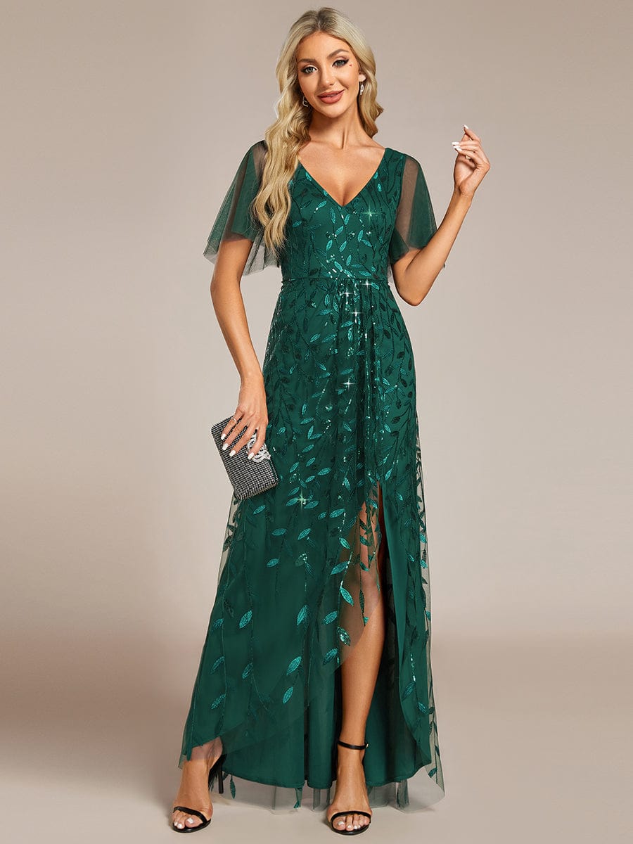 Sparkling Mesh High-Low V-Neck Midi Evening Gown With Short Sleeves - Image 30