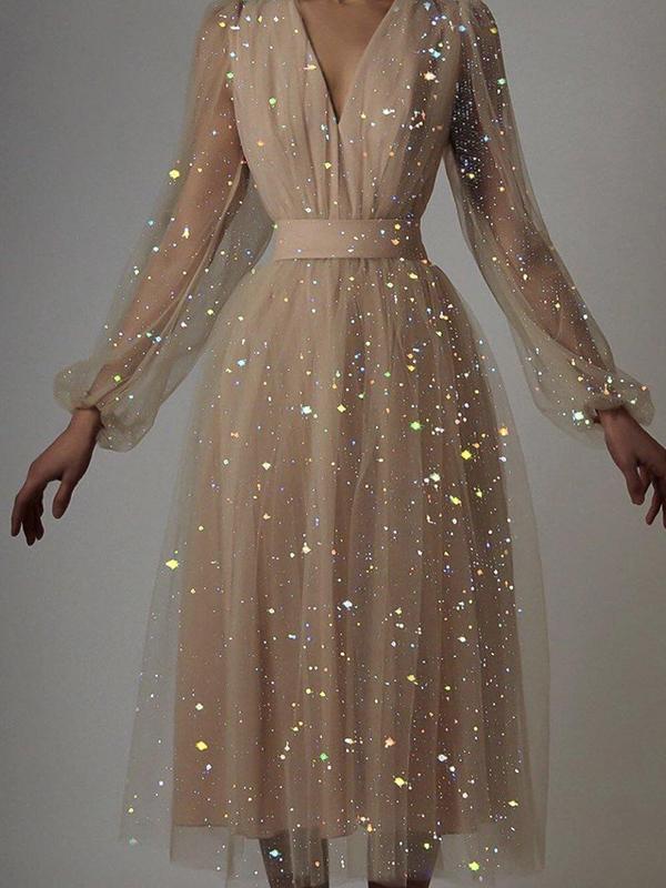 Sequined Mesh V-Neck Tuxedo Dress - Image 4