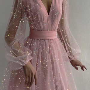 Sequined Mesh V-Neck Tuxedo Dress