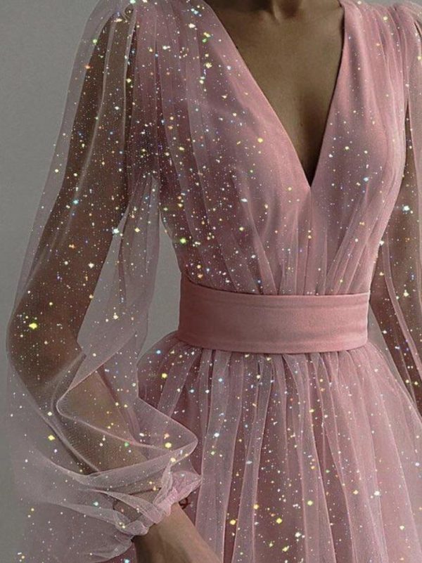 Sequined Mesh V-Neck Tuxedo Dress - Image 2