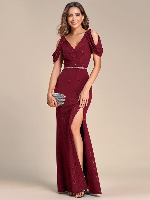 Shimmering Chain Detail Evening Gown with Puff Sleeves - Image 3
