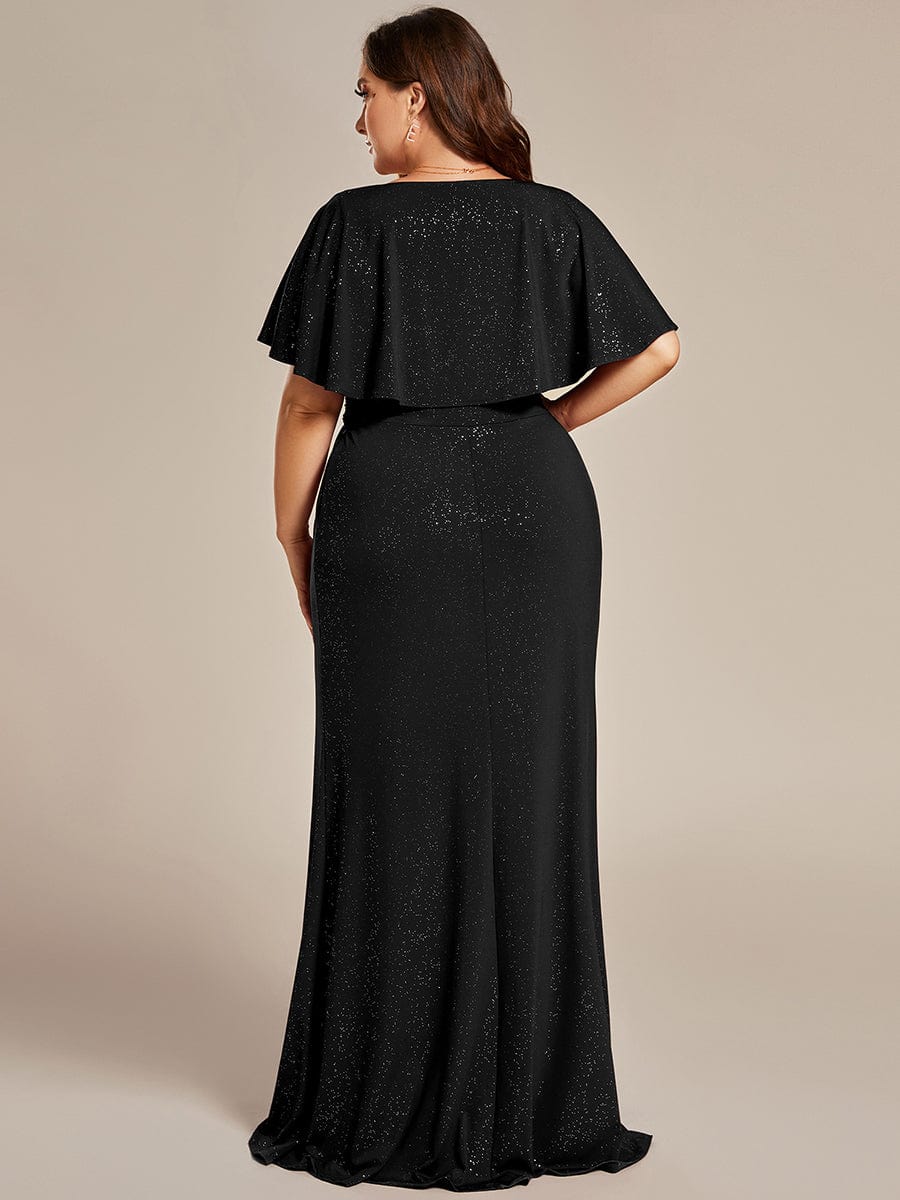 Shimmering Deep V Neck Pleated Evening Gown With Waist Belt - Image 7
