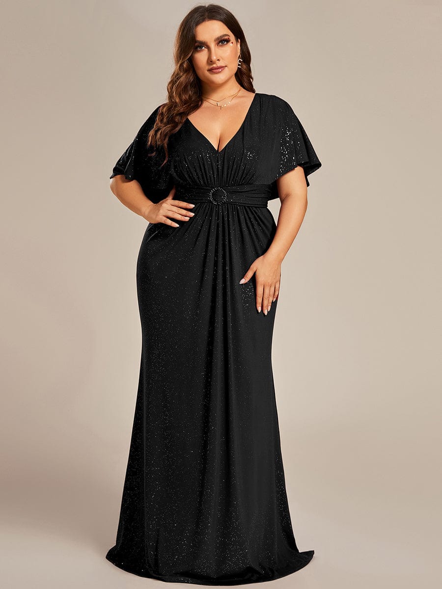Shimmering Deep V Neck Pleated Evening Gown With Waist Belt - Image 6