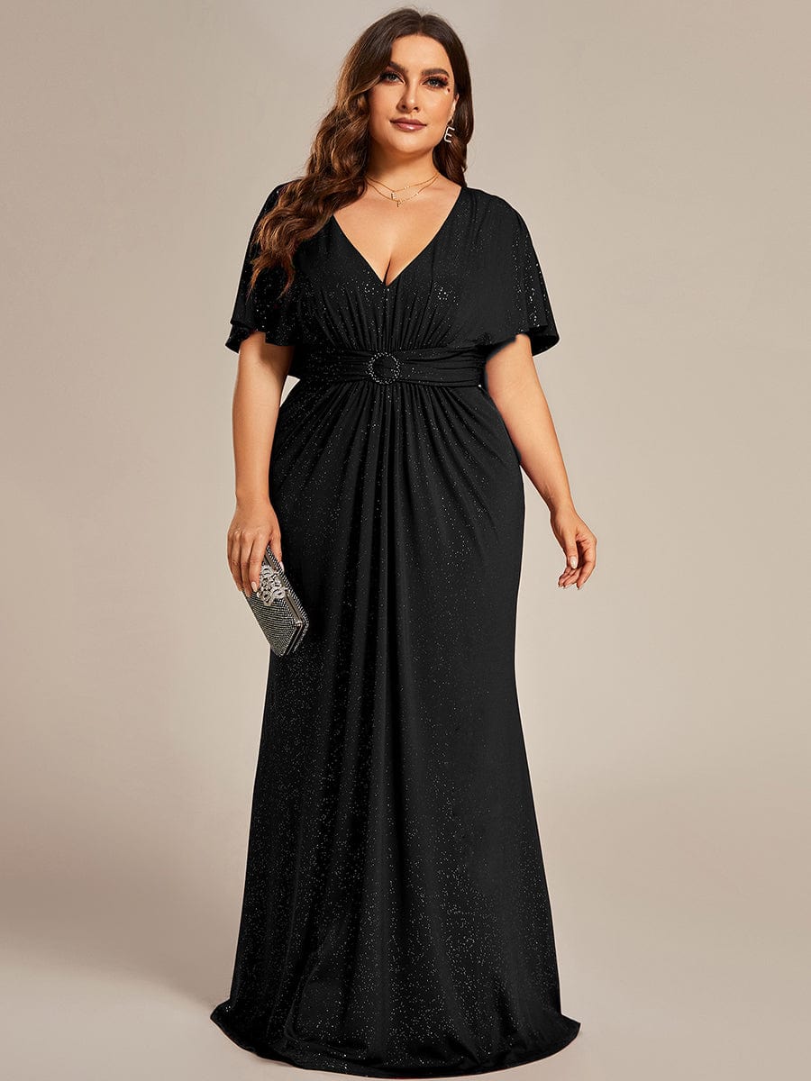 Shimmering Deep V Neck Pleated Evening Gown With Waist Belt - Image 9