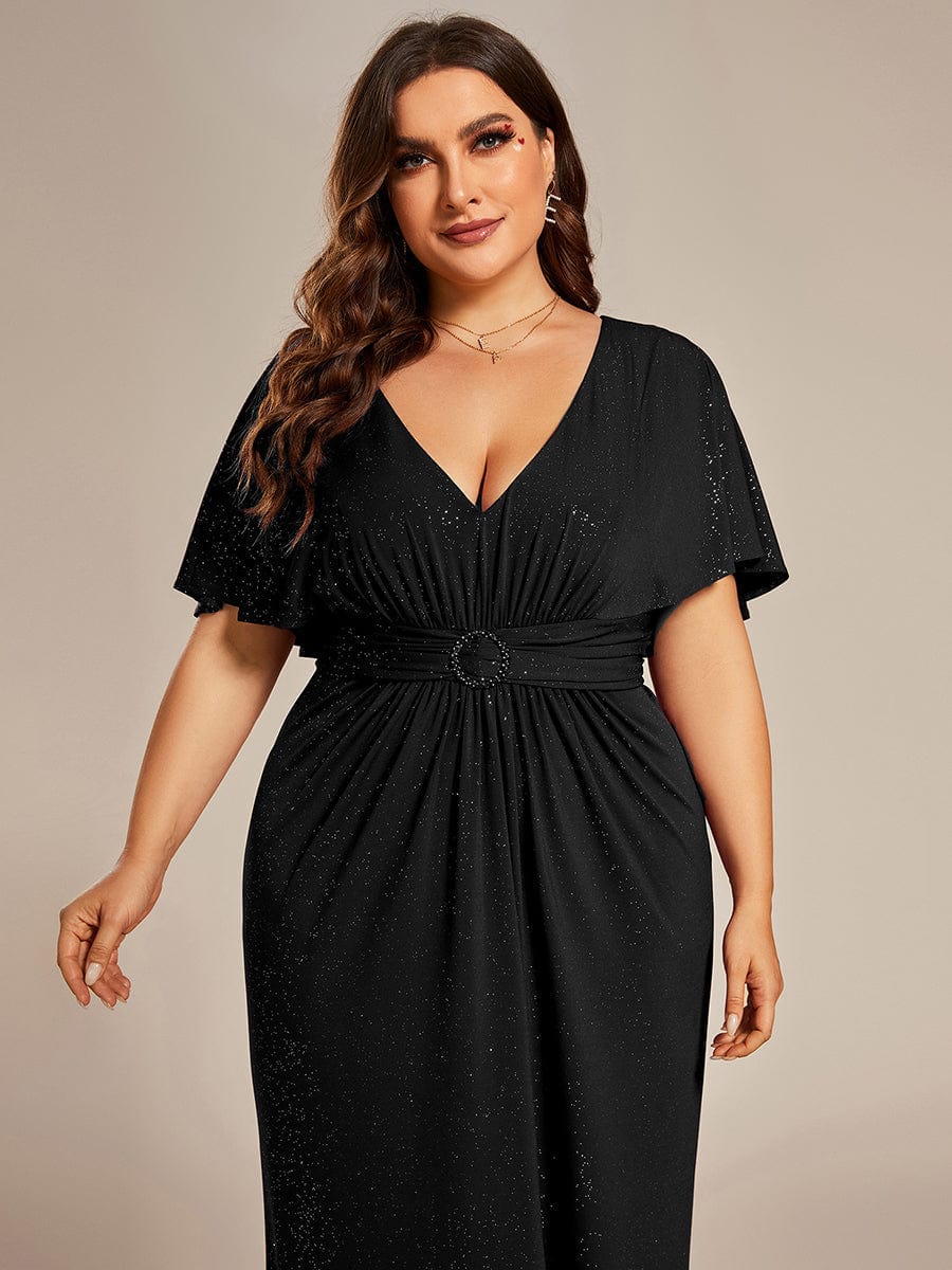 Shimmering Deep V Neck Pleated Evening Gown With Waist Belt - Image 10