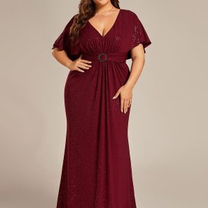 Shimmering Deep V Neck Pleated Evening Gown With Waist Belt