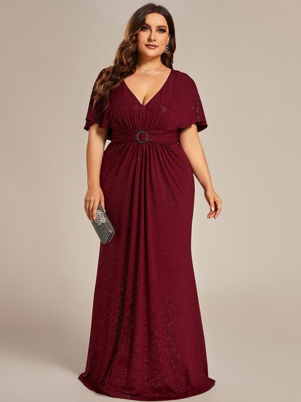 Shimmering Deep V Neck Pleated Evening Gown With Waist Belt - Image 4
