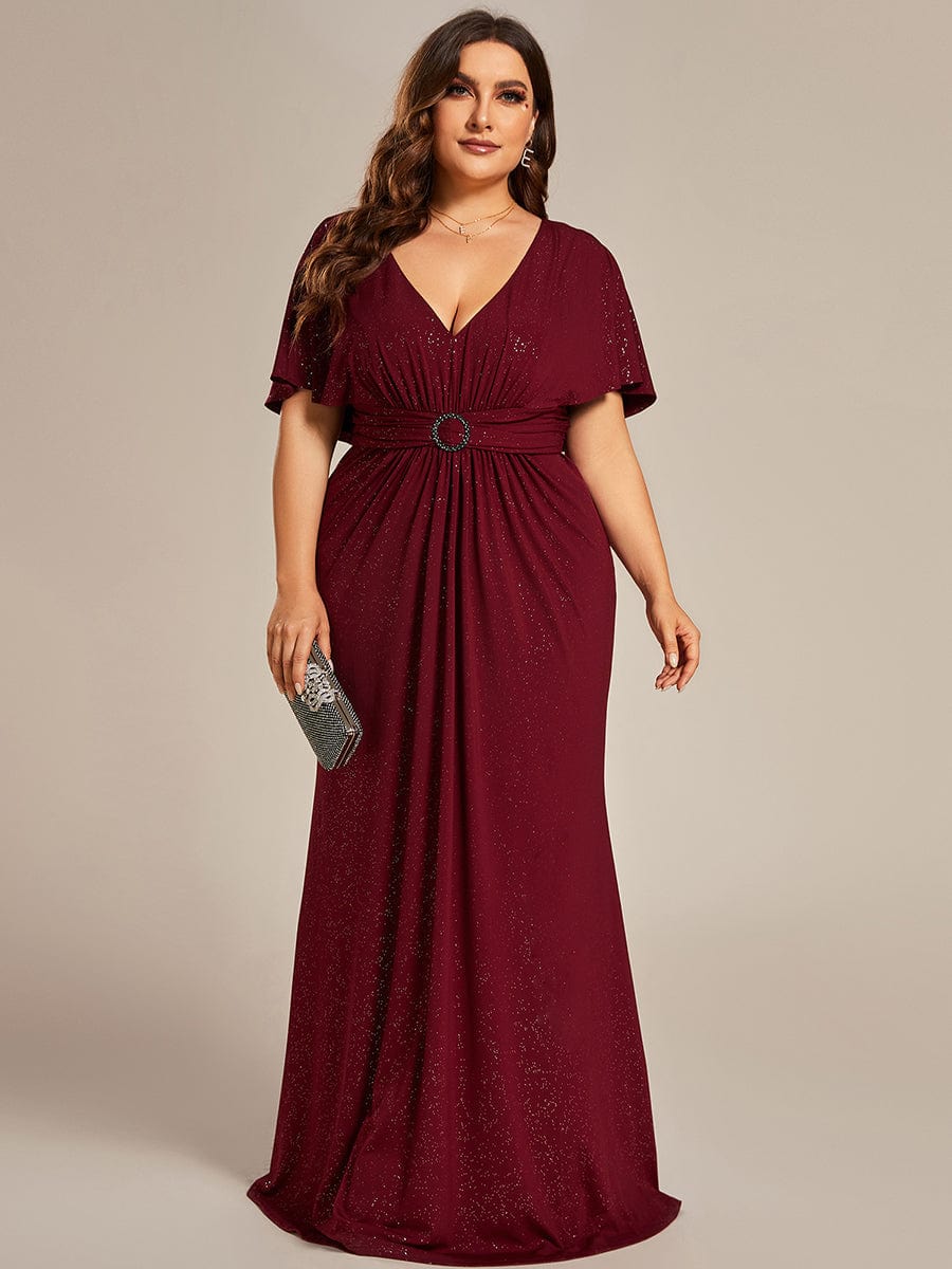 Shimmering Deep V Neck Pleated Evening Gown With Waist Belt - Image 4