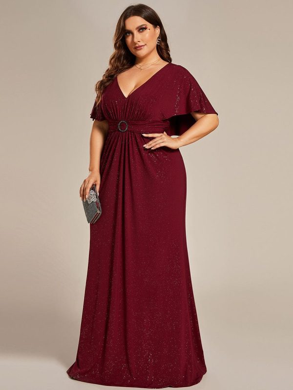 Shimmering Deep V Neck Pleated Evening Gown With Waist Belt - Image 3