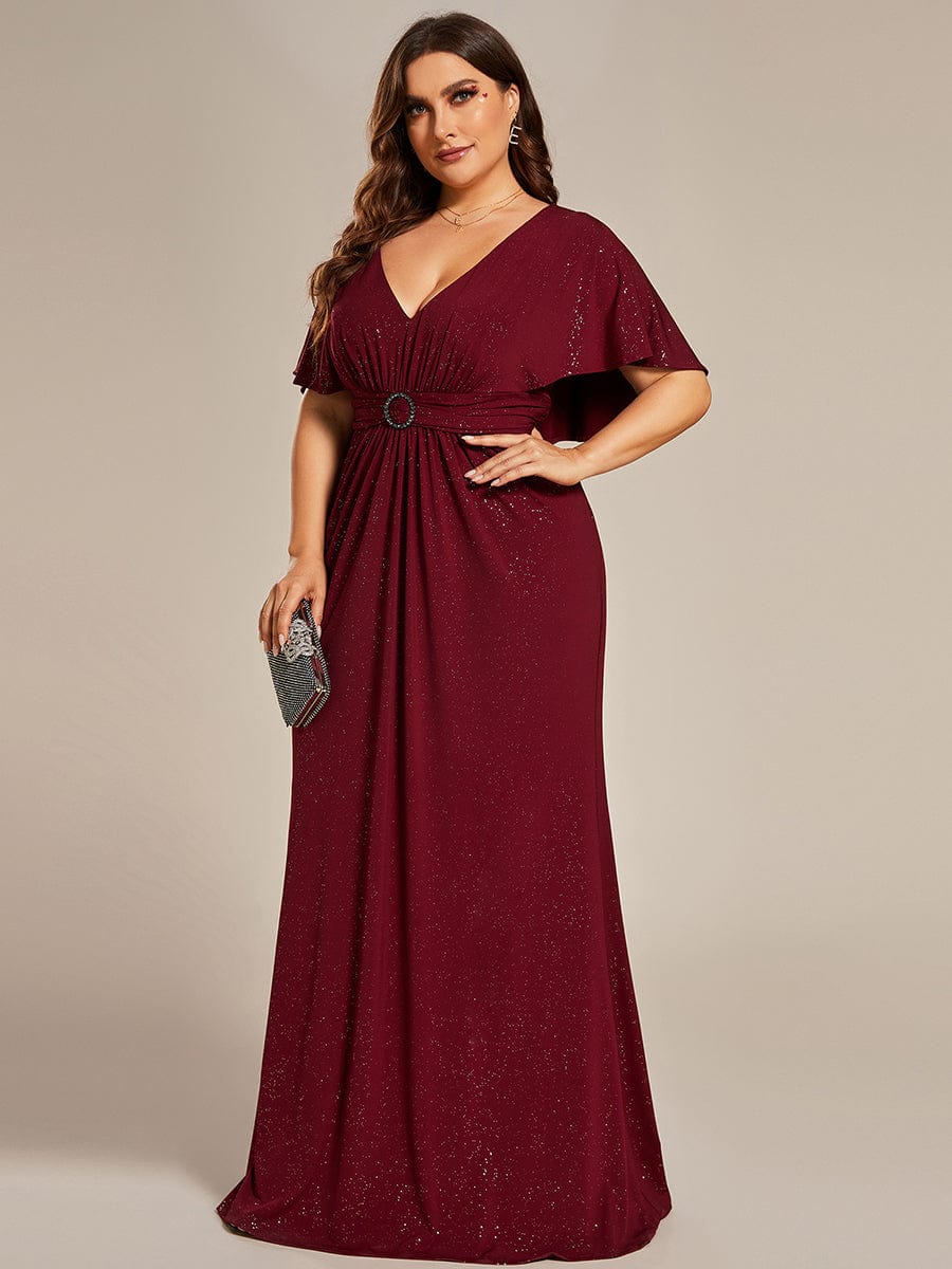 Shimmering Deep V Neck Pleated Evening Gown With Waist Belt - Image 3