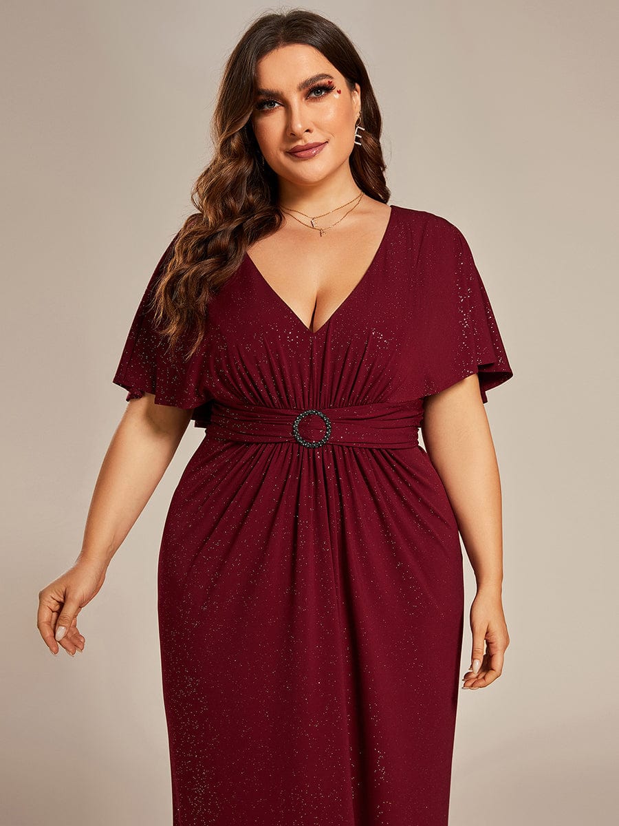 Shimmering Deep V Neck Pleated Evening Gown With Waist Belt - Image 5