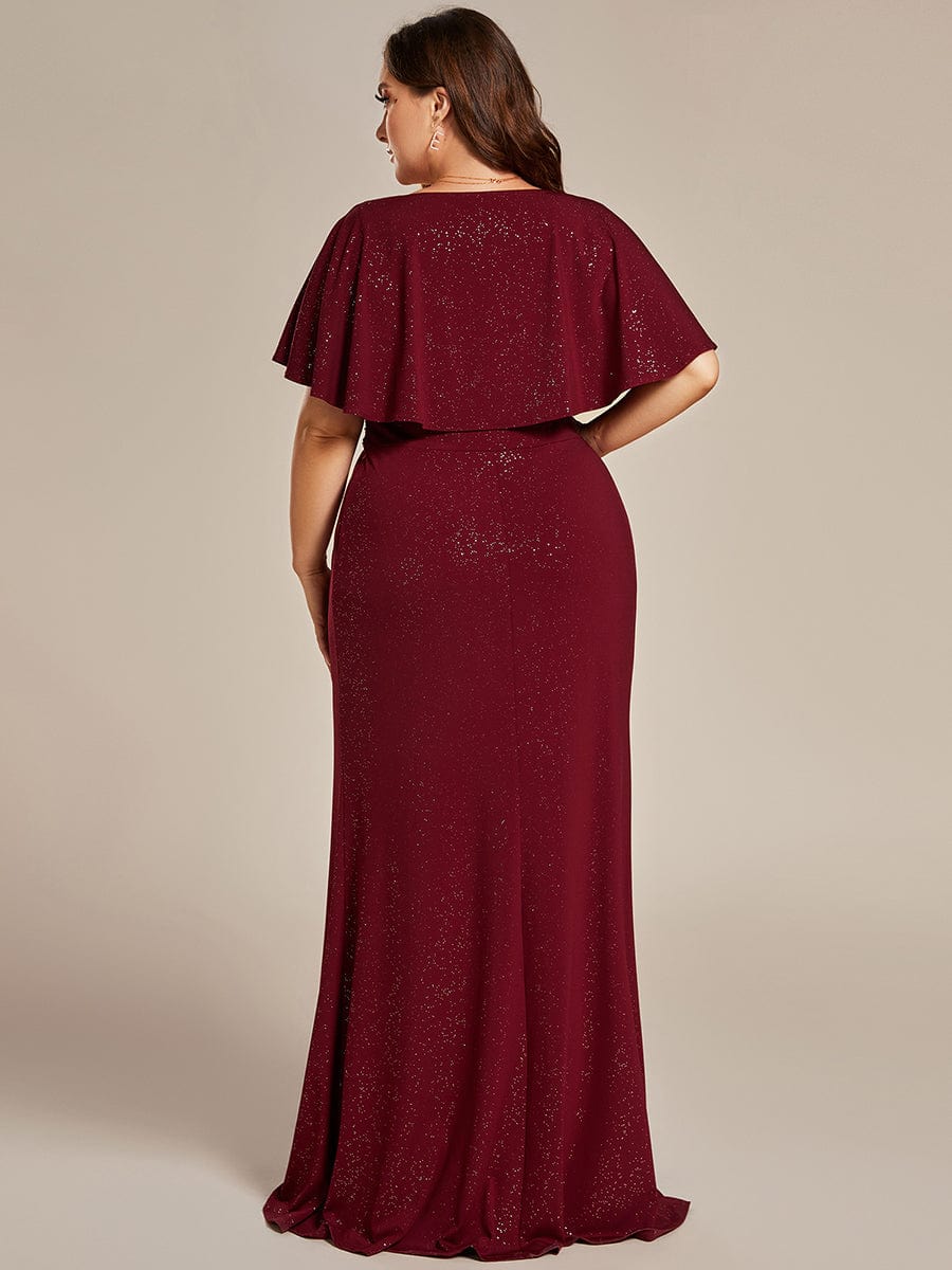 Shimmering Deep V Neck Pleated Evening Gown With Waist Belt - Image 2