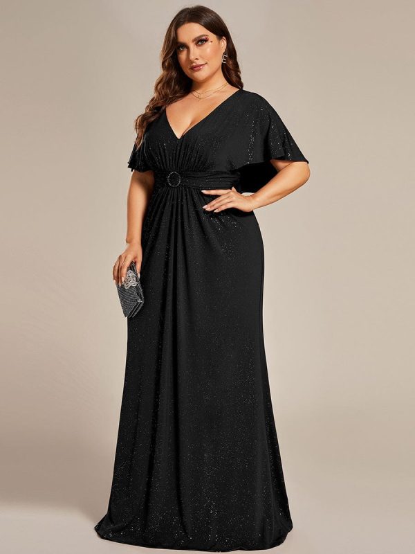 Shimmering Deep V Neck Pleated Evening Gown With Waist Belt - Image 8