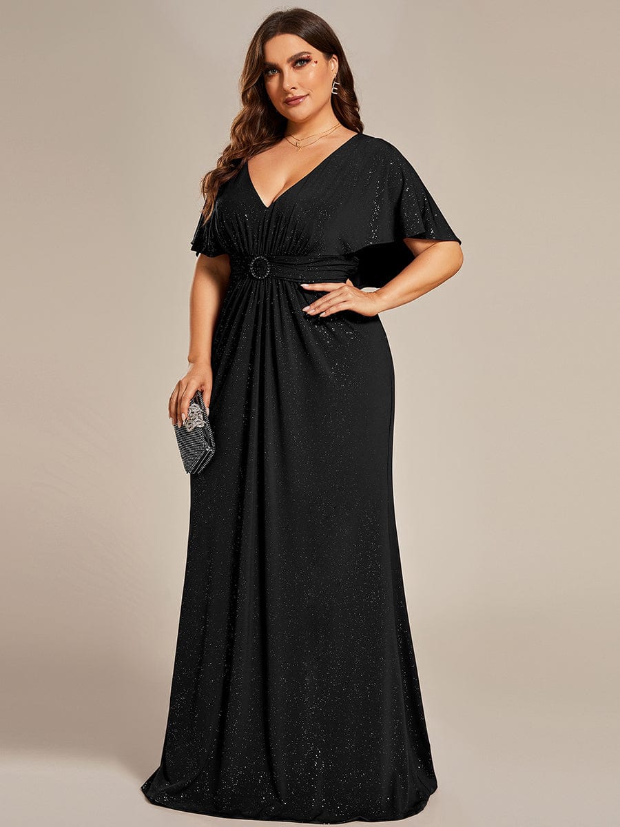 Shimmering Deep V Neck Pleated Evening Gown With Waist Belt - Image 8