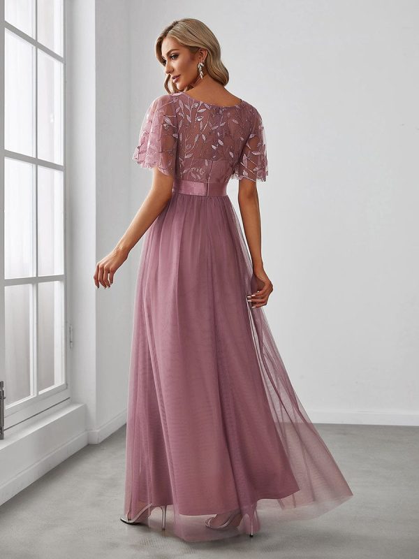 Shimmering Sequin Printed Cap Sleeve Evening Gown - Image 37
