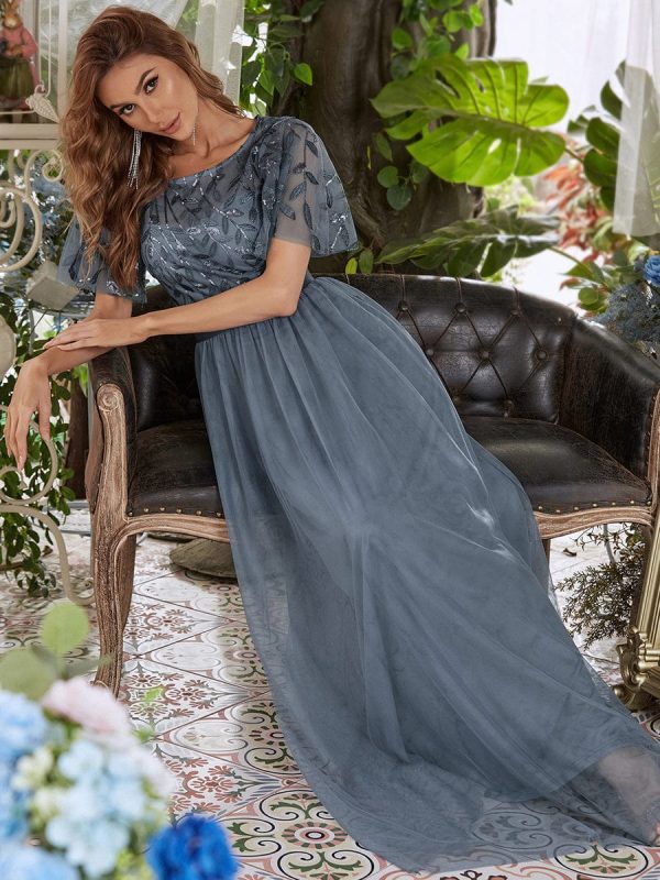 Shimmering Sequin Printed Cap Sleeve Evening Gown - Image 4