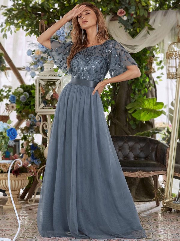 Shimmering Sequin Printed Cap Sleeve Evening Gown - Image 3