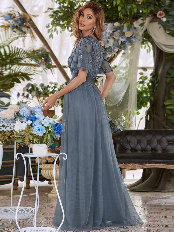 Shimmering Sequin Printed Cap Sleeve Evening Gown - Image 2