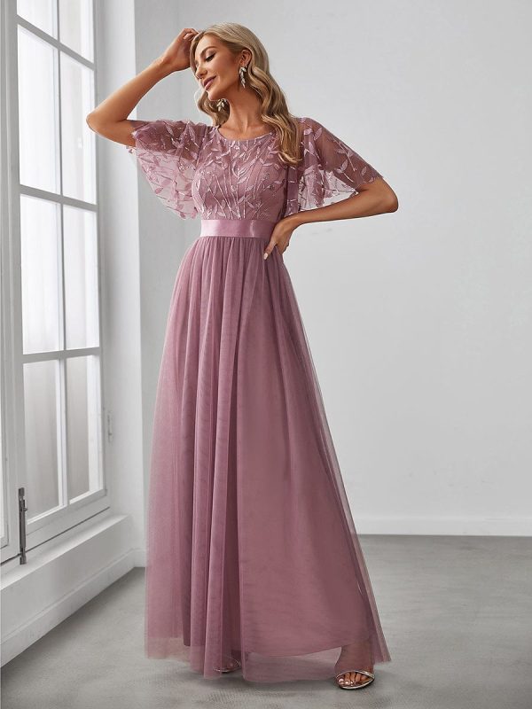 Shimmering Sequin Printed Cap Sleeve Evening Gown - Image 38