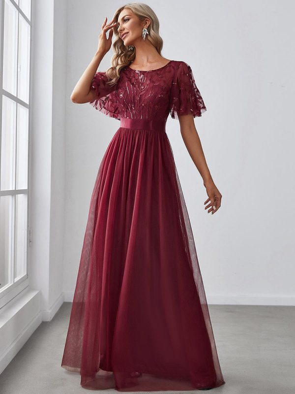Shimmering Sequin Printed Cap Sleeve Evening Gown - Image 18