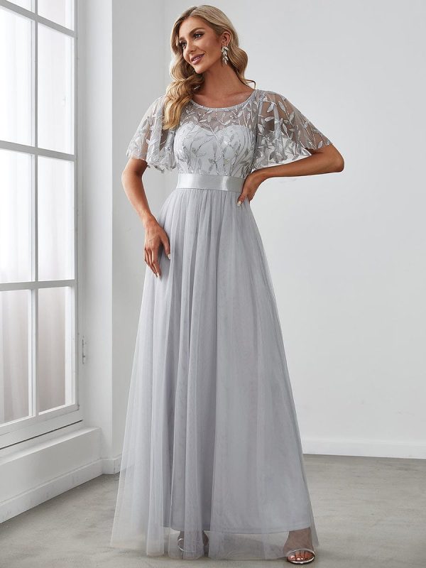 Shimmering Sequin Printed Cap Sleeve Evening Gown - Image 35