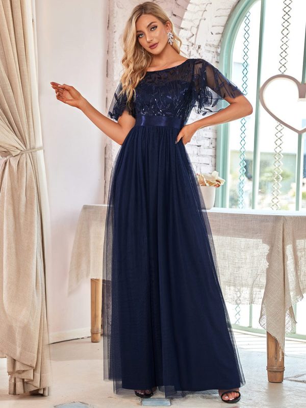 Shimmering Sequin Printed Cap Sleeve Evening Gown - Image 8