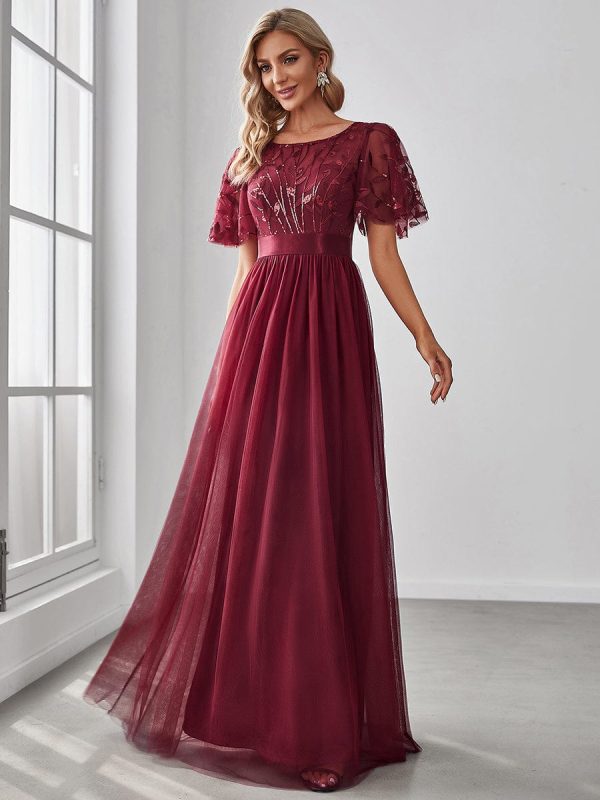 Shimmering Sequin Printed Cap Sleeve Evening Gown - Image 16
