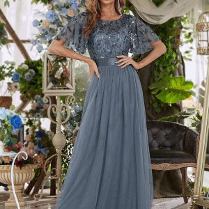 Shimmering Sequin Printed Cap Sleeve Evening Gown