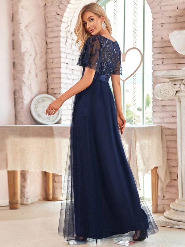 Shimmering Sequin Printed Cap Sleeve Evening Gown - Image 9