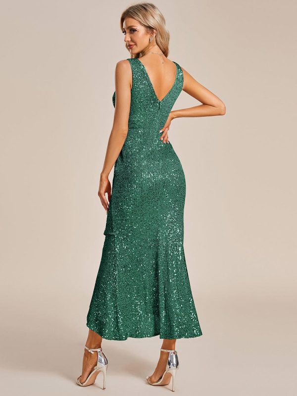 Shimmering Tea-Length Sequin Evening Gowns with Ruffled Details - Image 2