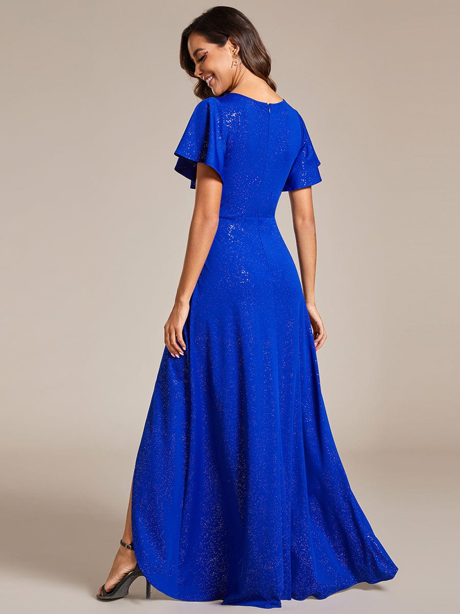 Glamorous V-Neck A-Line Evening Gown with Side Split and Ruffle Sleeves - Image 7