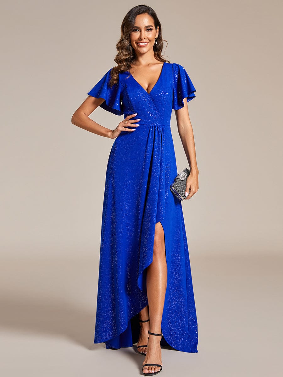 Glamorous V-Neck A-Line Evening Gown with Side Split and Ruffle Sleeves - Image 8