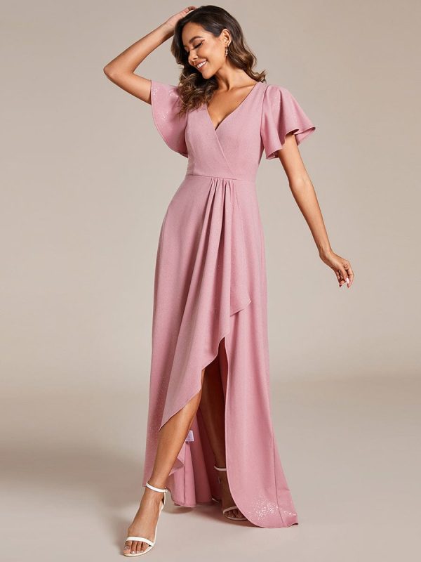 Glamorous V-Neck A-Line Evening Gown with Side Split and Ruffle Sleeves - Image 11