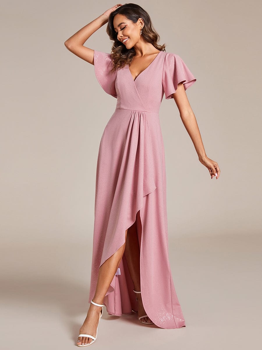 Glamorous V-Neck A-Line Evening Gown with Side Split and Ruffle Sleeves - Image 11