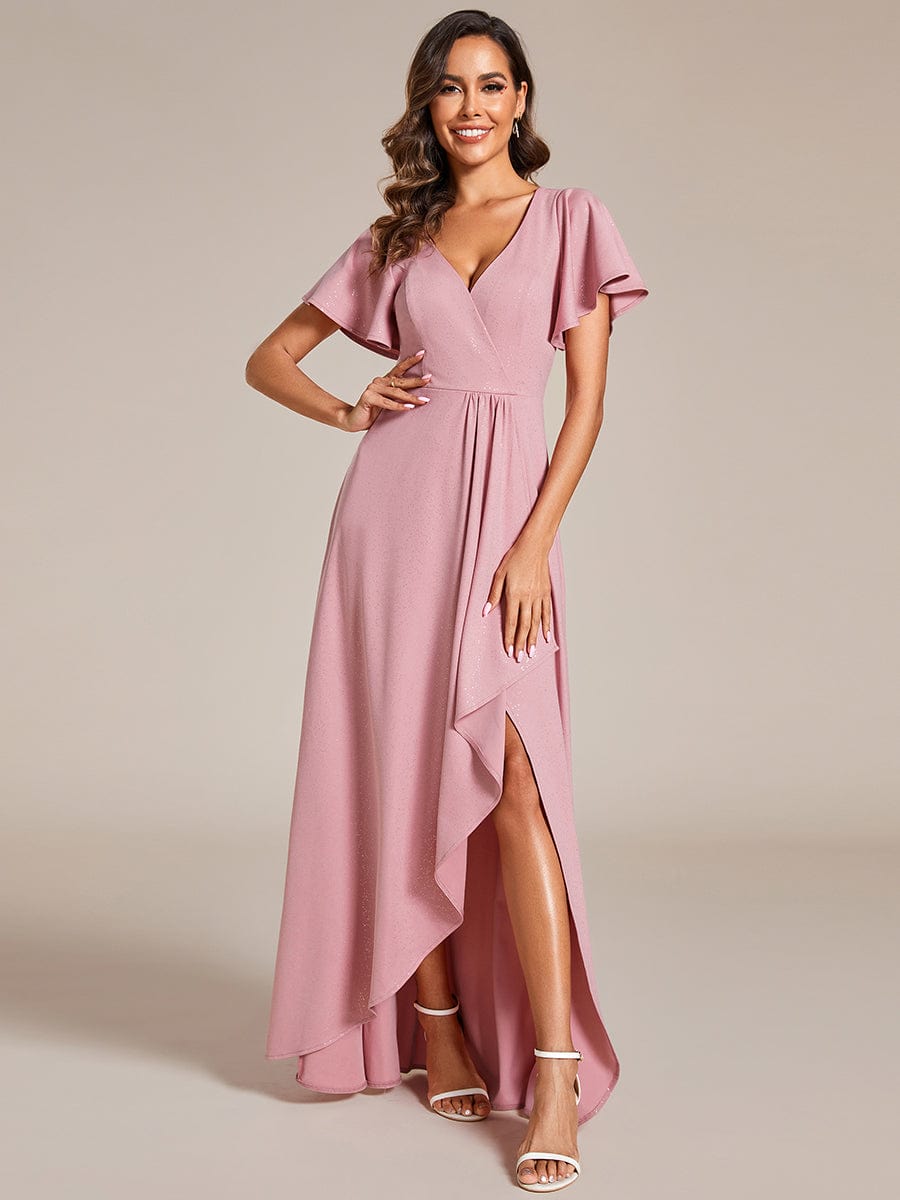 Glamorous V-Neck A-Line Evening Gown with Side Split and Ruffle Sleeves - Image 12