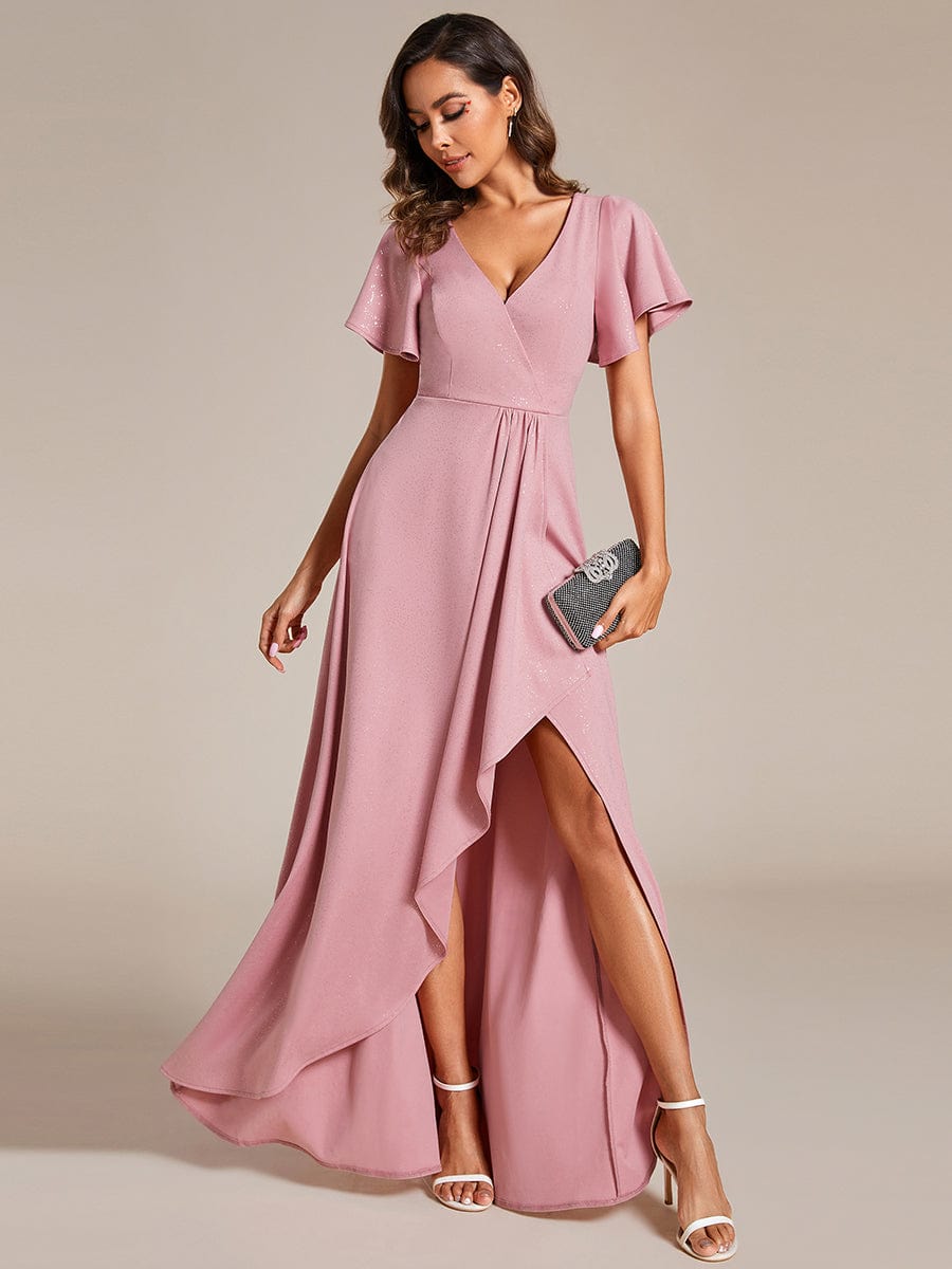 Glamorous V-Neck A-Line Evening Gown with Side Split and Ruffle Sleeves - Image 15